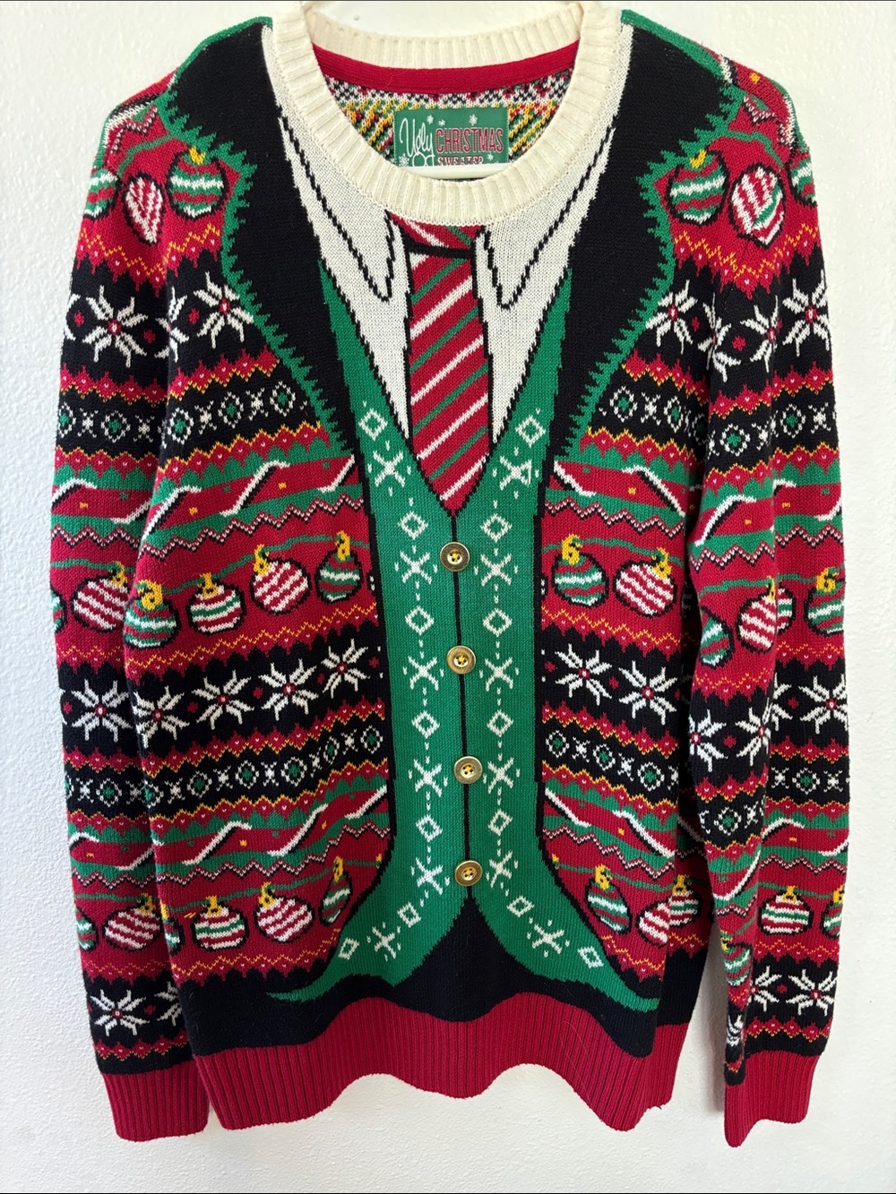 Ugly Christmas Sweater Red, Green & Black Novelty Knit